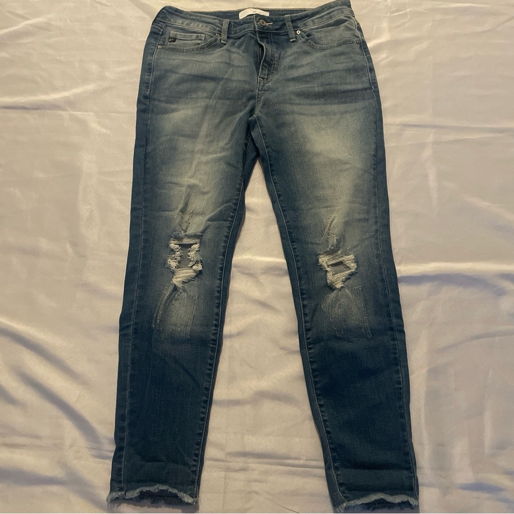 KanCan  distressed high rise ankle stretch raw hem Sz 15/31 mediumwash denim 90s